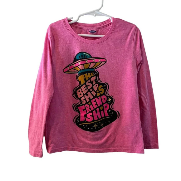 Old Navy Girls Space T Shirt Small 6-7 Long Sleeve Alien Graphic Friendship Text - Picture 1 of 4